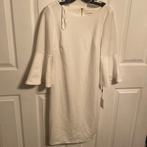 NWT Calvin Klein | White Dress with Bell Sleeves and Gold Zipper
